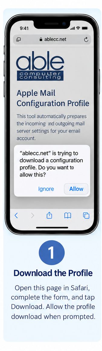 Safari requesting permission to download the Apple Mail configuration profile
