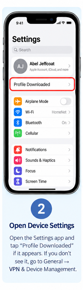 iPhone Settings showing Profile Downloaded