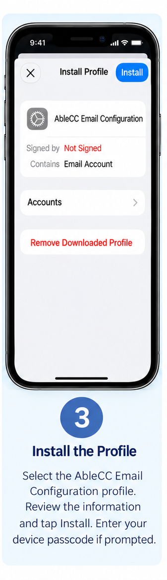 Installing the AbleCC Email Configuration profile